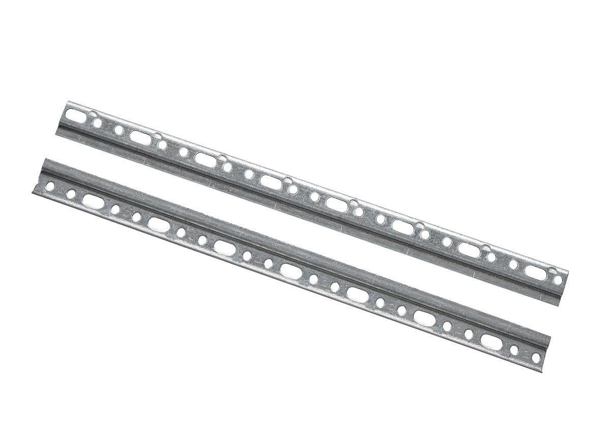 Woud Bricks Regal Wandhalterung: Zwei silberne Metalleisten mit Löchern für die Wandmontage.