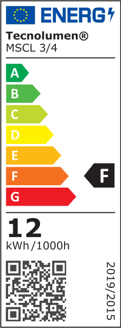 Energielabel für Cubelight move Lichtobjekt von Tecnolumen mit Energieeffizienzklasse F und QR-Code.