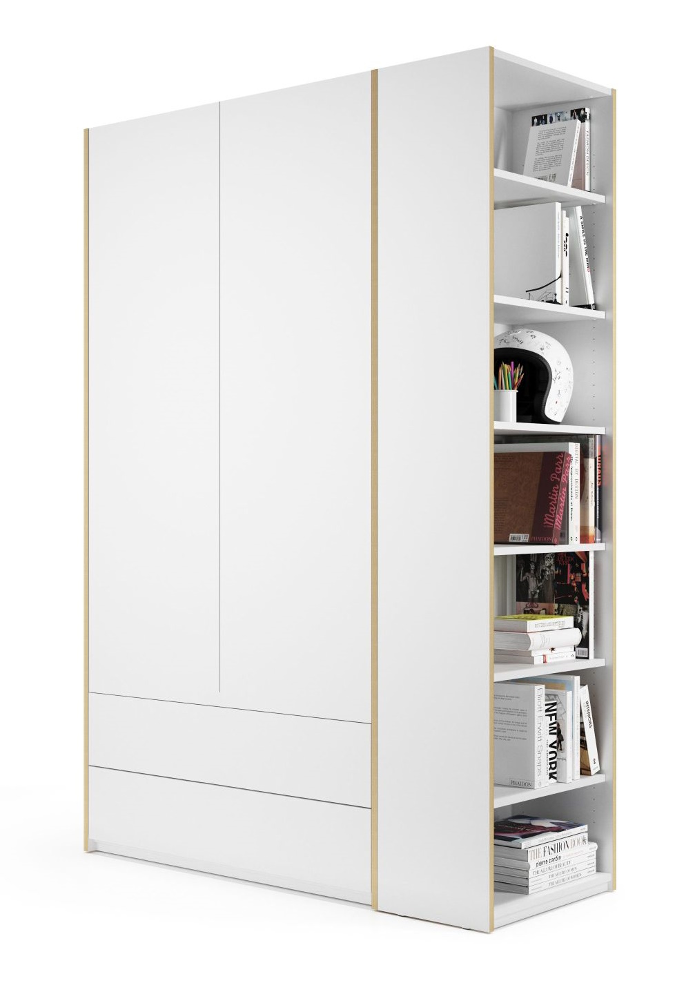 Weißer MODULAR Schrank von Müller Möbelwerkstätten mit Anbauregal rechts, Bücher und Deko.