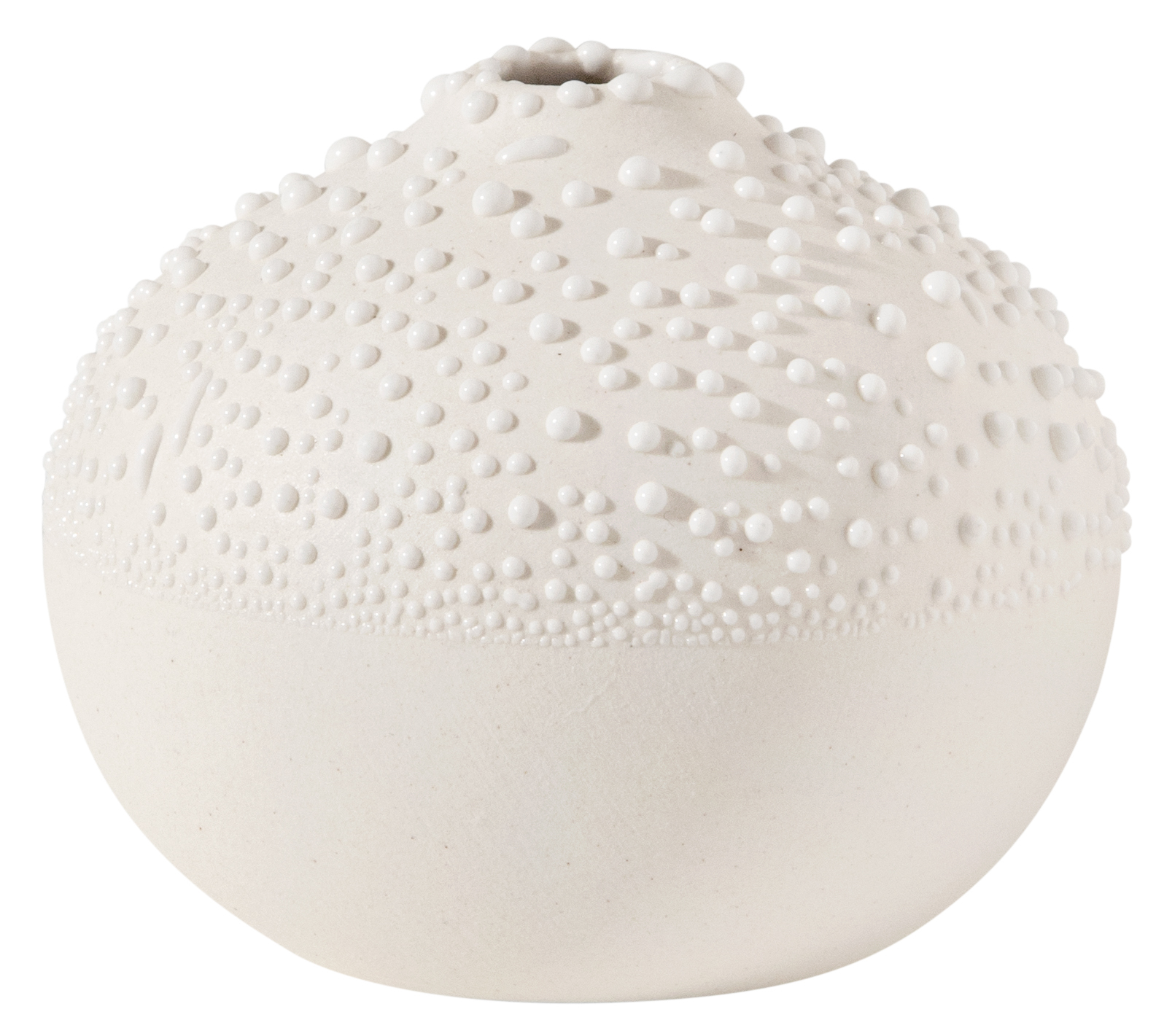 Nahaufnahme der Zuhause Perlenvase von Räder, elfenbeinfarben, mit erhabenen Perlen, ideal als Dekoration und Blumenvase.