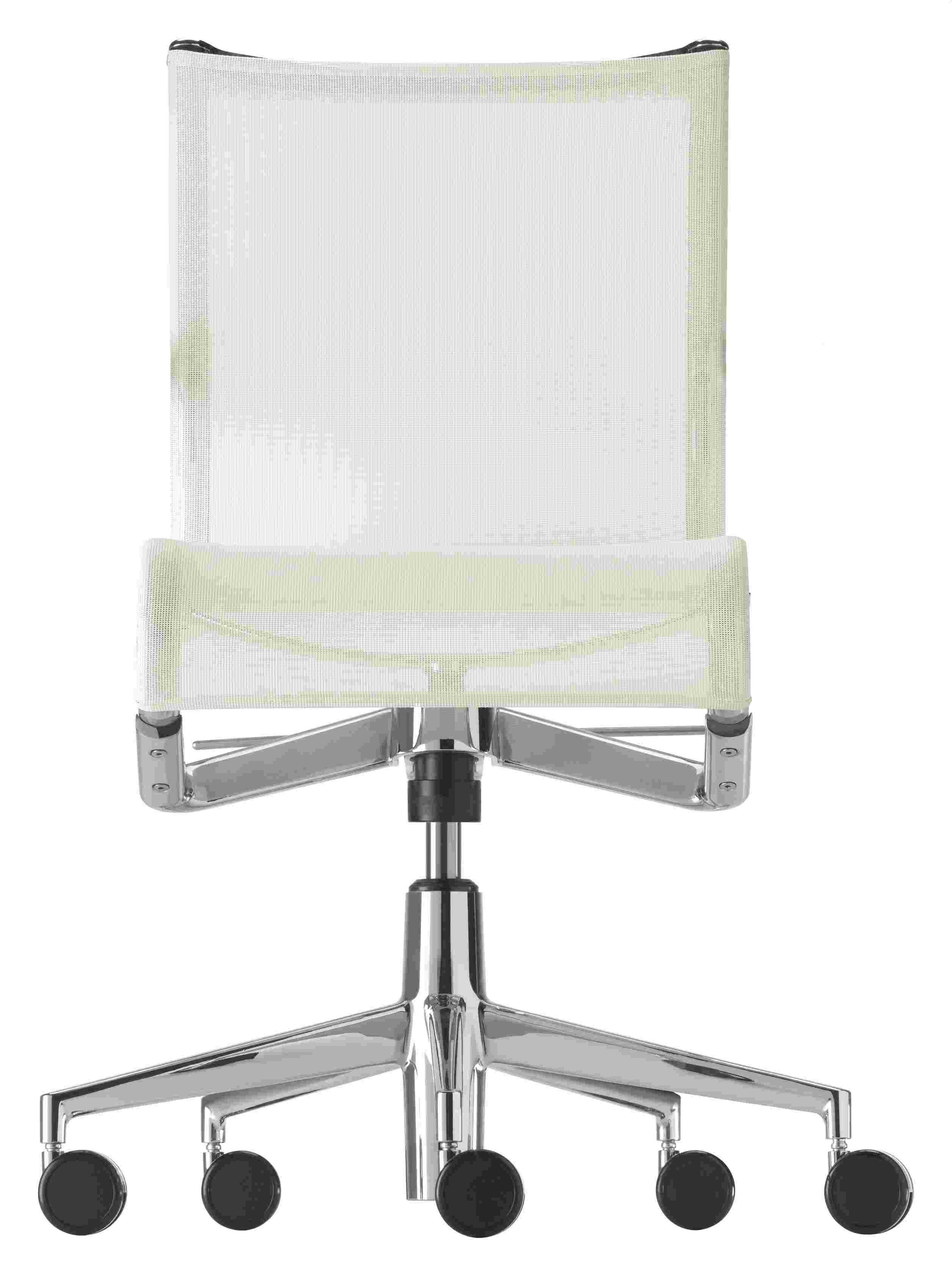 Rückansicht des Rollingframe Drehstuhls mit weißem Netzstoff und verchromtem Fußkreuz.