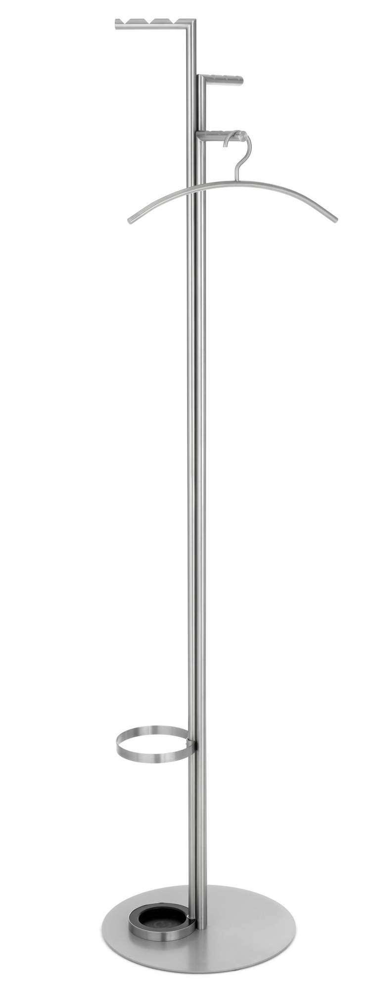 Zinox Garderobenständer von Schönbuch aus gebürstetem Edelstahl mit Kleiderbügel, Hutablage und Schirmständer.