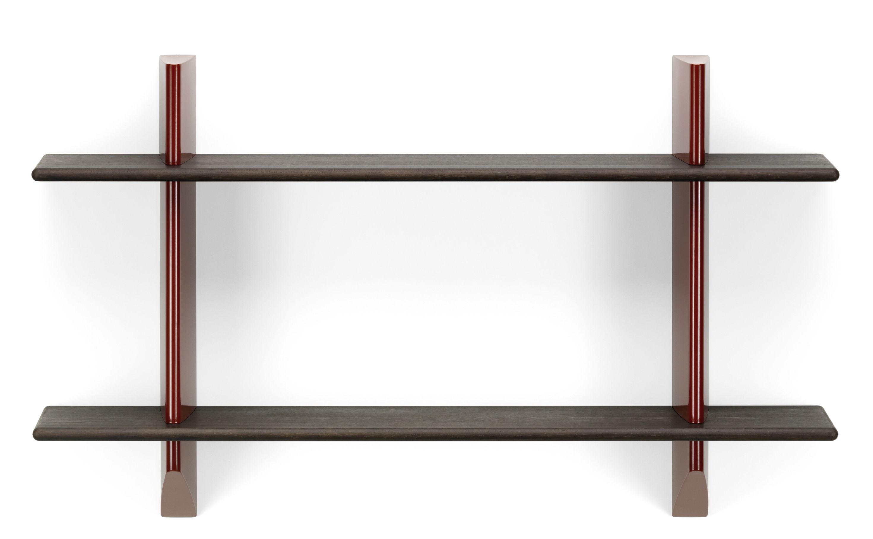 Vitra Rayonnage Mural Wandregal aus dunkler Eiche mit roten Akzenten, modernes Regalsystem.