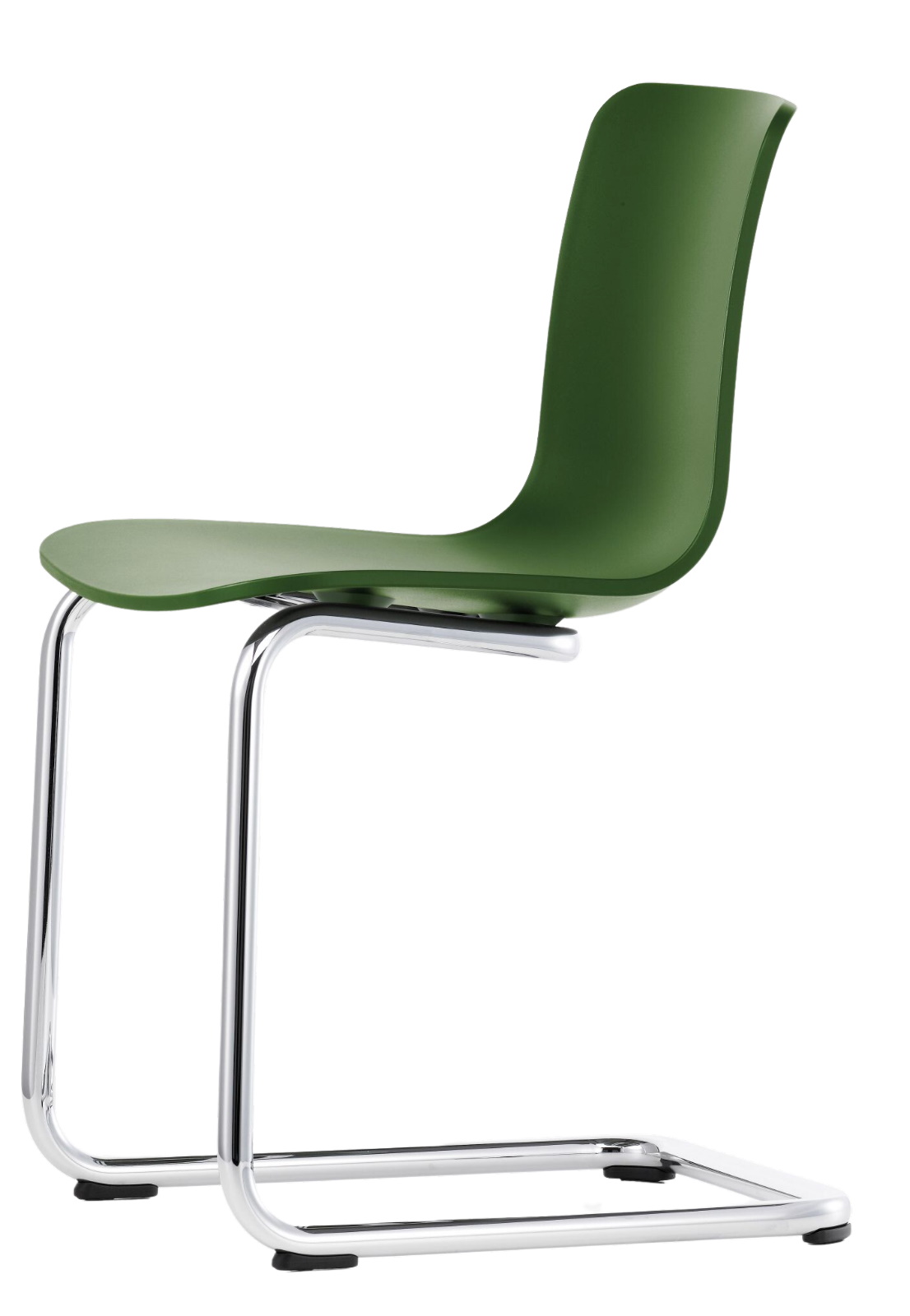 Grüner Vitra Hal Freischwinger Stuhl mit verchromtem Gestell, modernes Design für Büro und Wohnraum.
