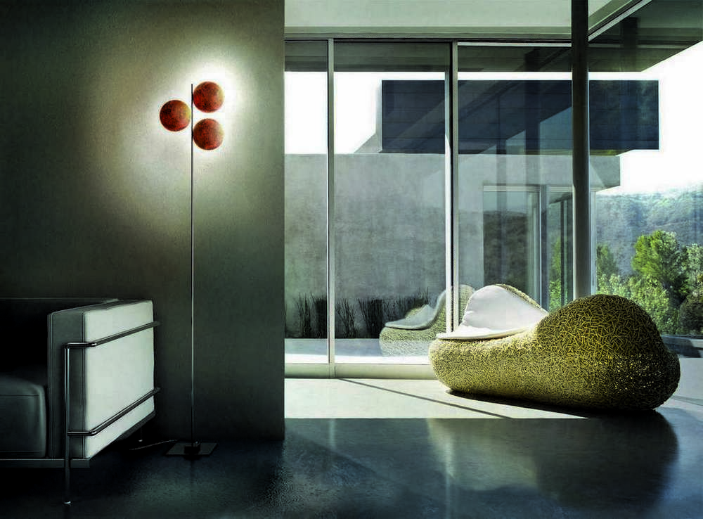 Lederam Stehleuchte von Catellani & Smith mit drei runden Lampenschirmen in modernem Wohnraum.