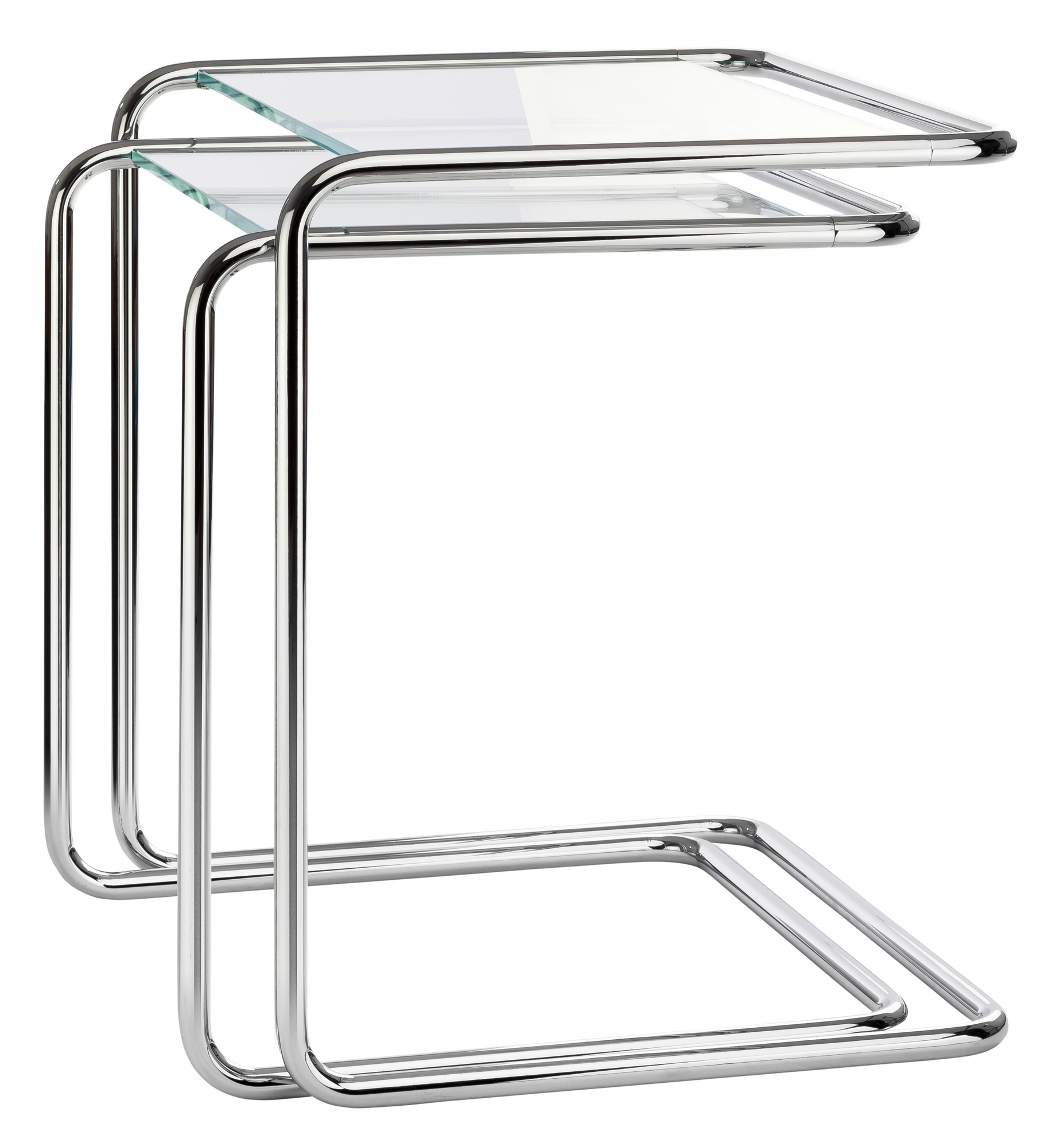 B97 Thonet Beistelltisch Set mit Glasplatte und verchromtem Stahlrohr Gestell.
