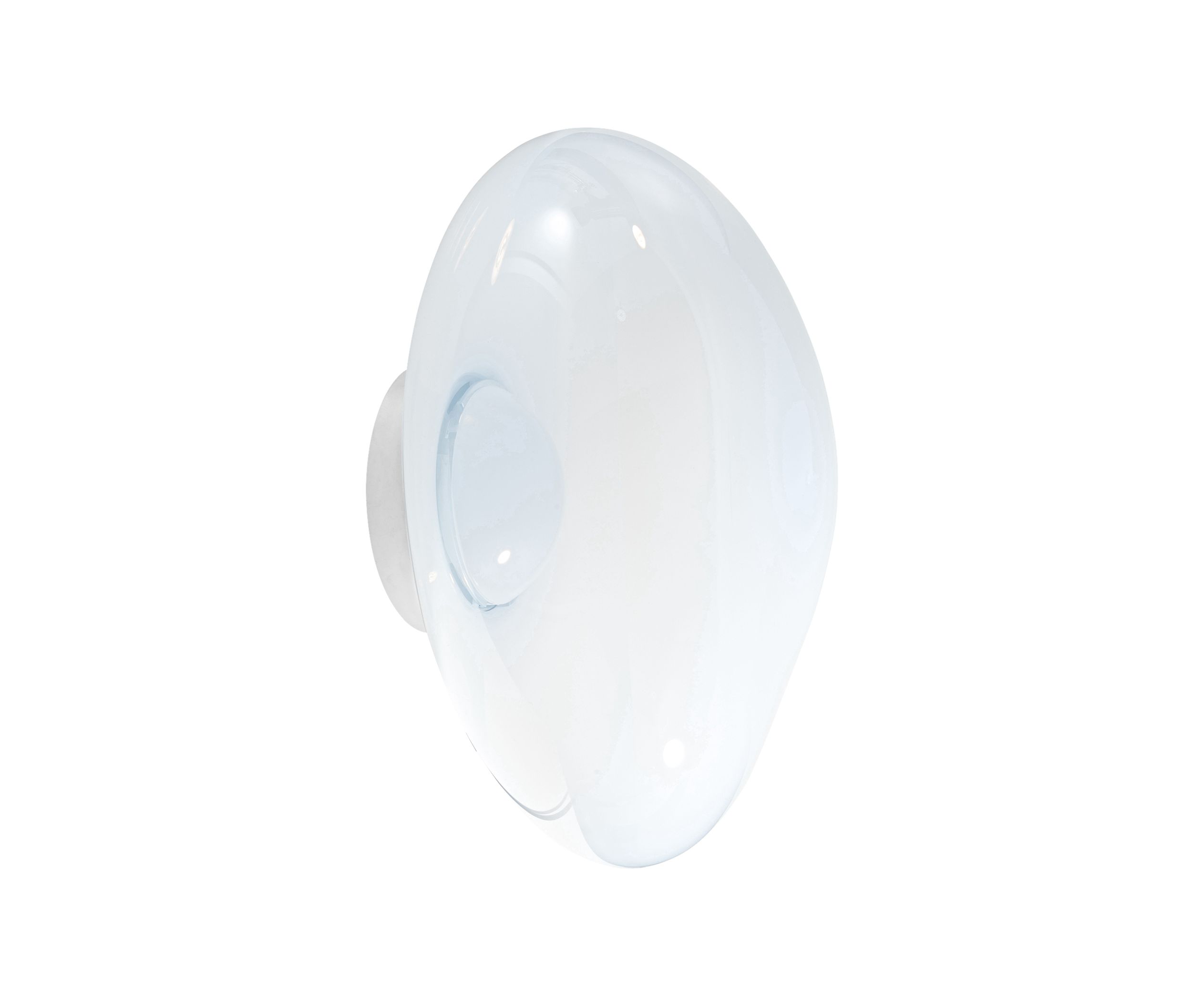 Nahaufnahme der Tom Dixon Melt Surface LED-Wandleuchte in Opal-Silber. Moderne Wandbeleuchtung.