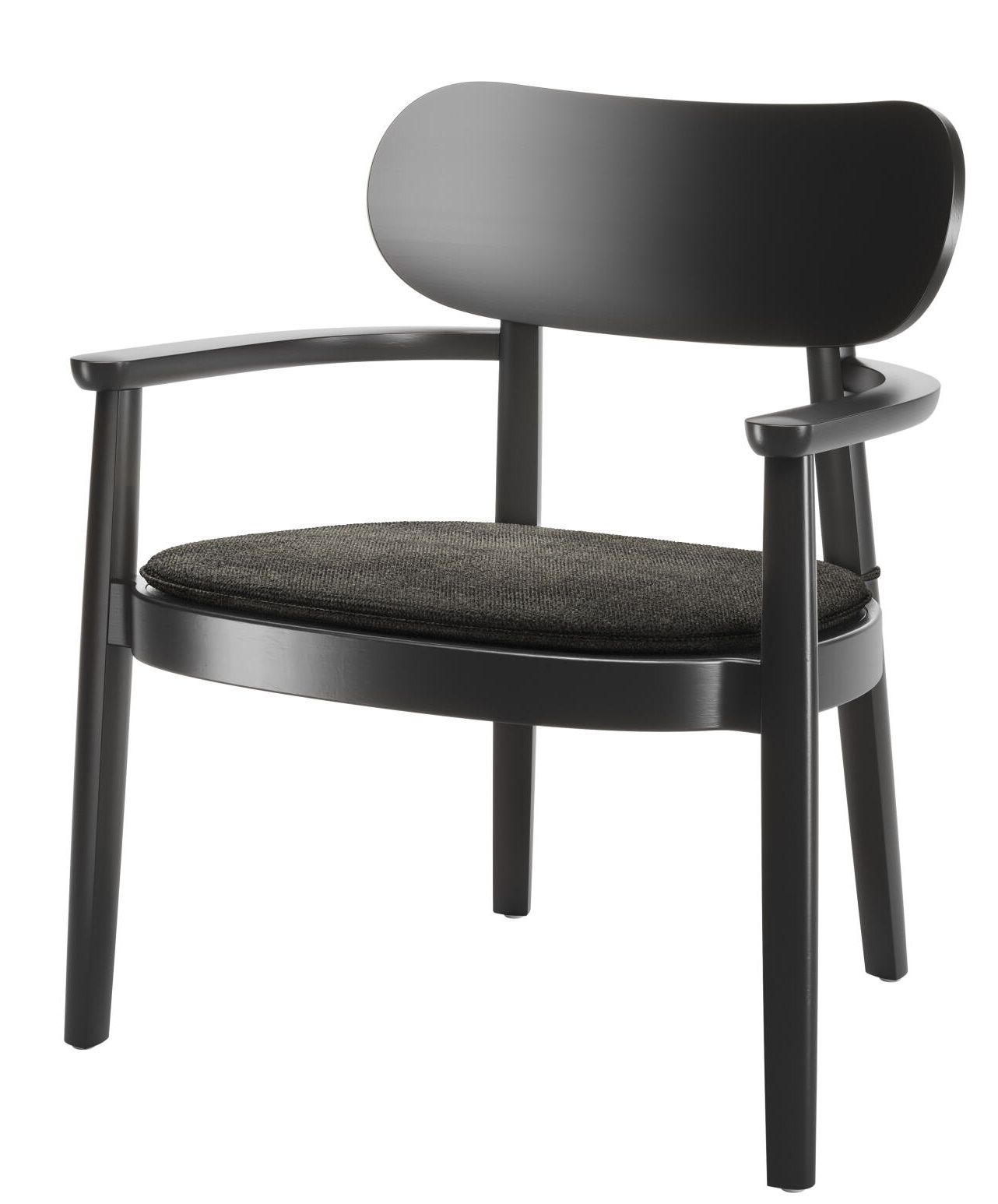 Schwarzer Holzsessel mit Armlehnen und grauer Polsterauflage für Thonet Stühle, bequemes Sitzkissen.