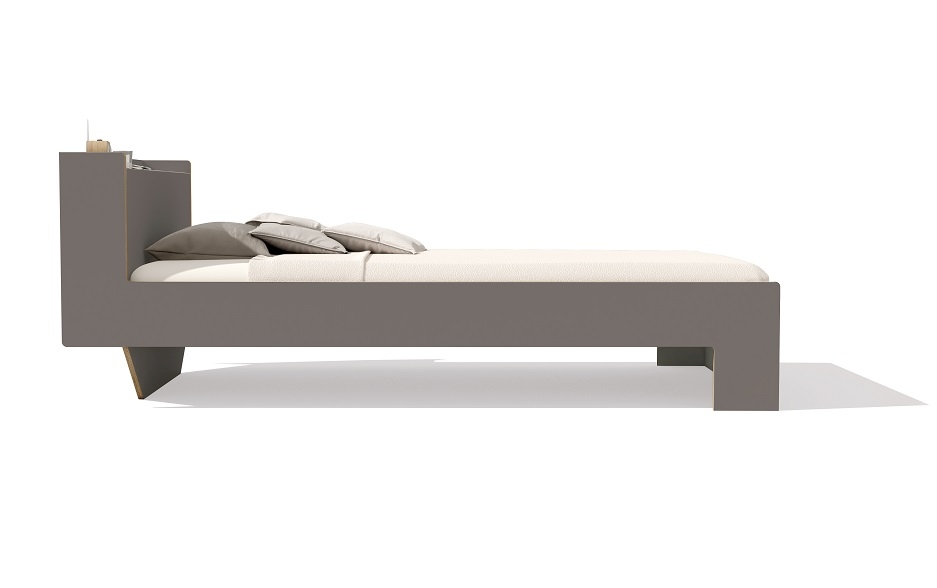 Nook Einzelbett von Müller Möbelwerkstätten in Anthrazit, minimalistisches Design mit Kissen und Lattenrost.