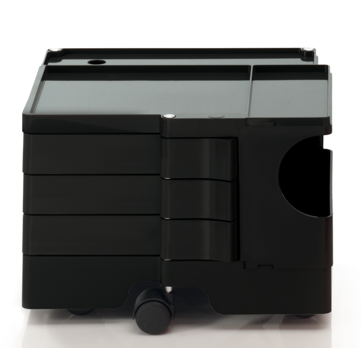 Schwarzer Boby B13 Rollcontainer mit Schubladen und Ablageflächen, ideal für Büro und Arbeitszimmer.