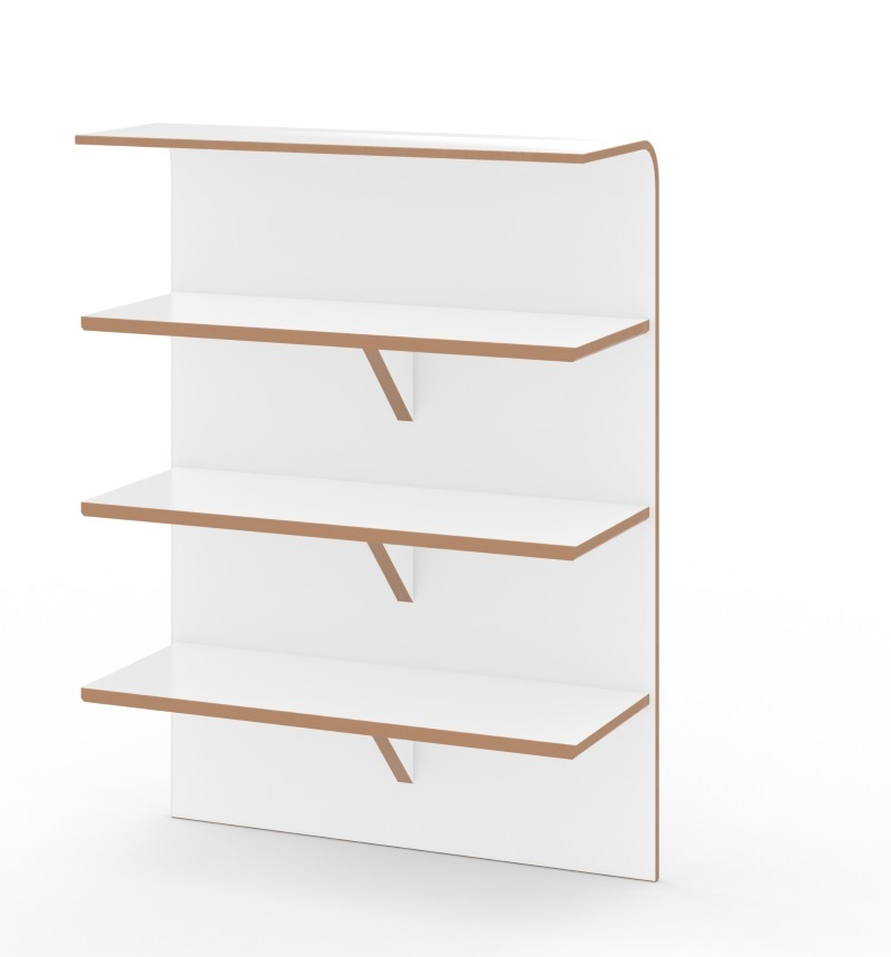Weißes Tojo Regal mit vier Ablageflächen und braunen Kanten zur Wandmontage.