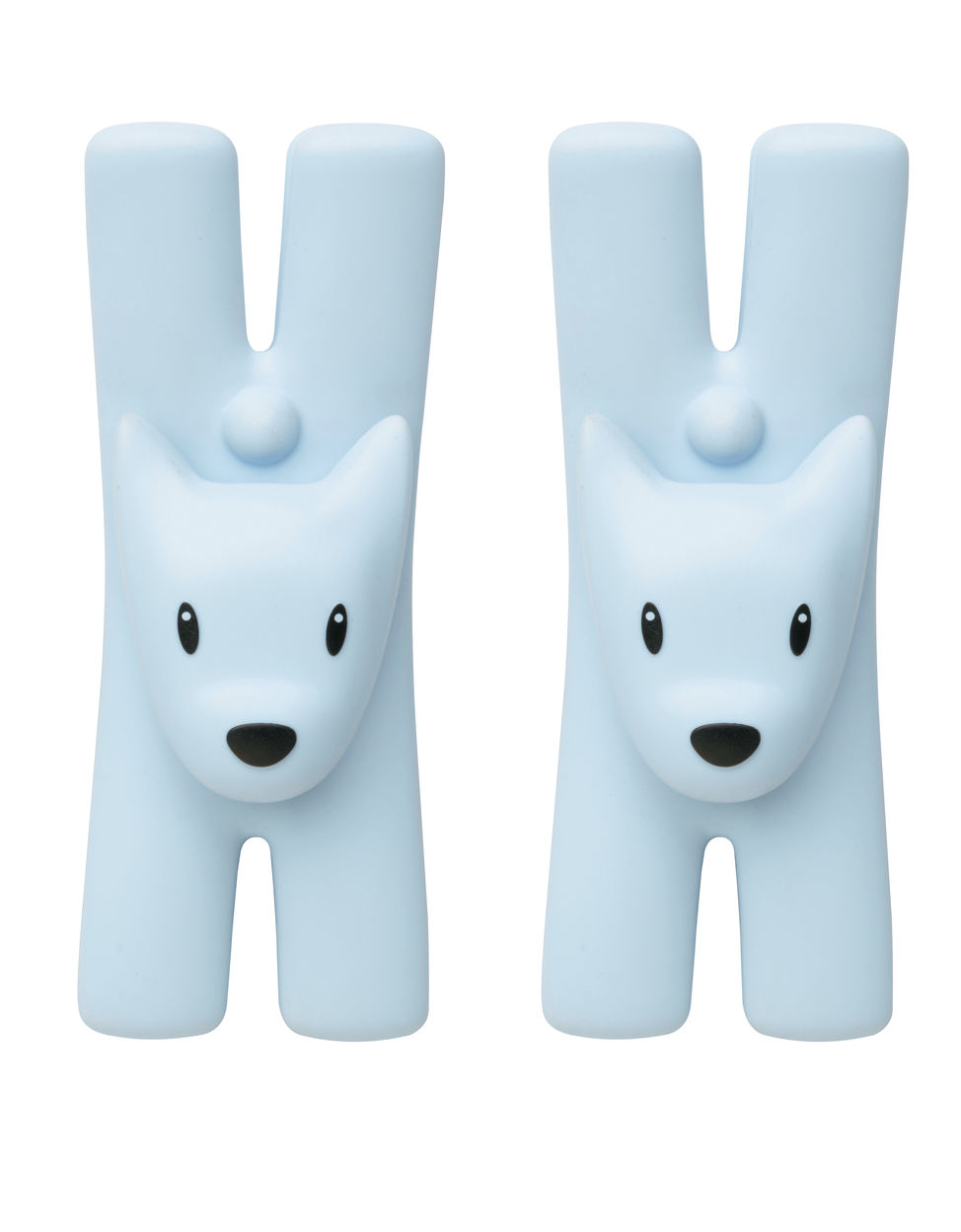 Zwei hellblaue Alessi Giampo Klammern in Bärenform, Wäscheklammern für Kinder, Haushalt.