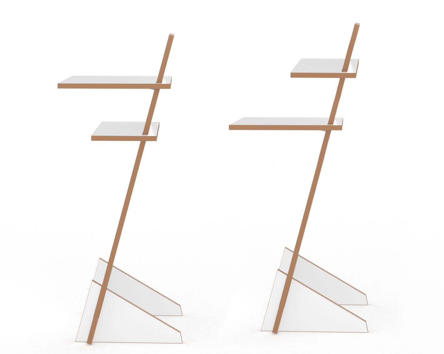 Zwei Tojo Stehpult Schreibplatten mit zwei Ablageflächen, weiß und Holzoptik.