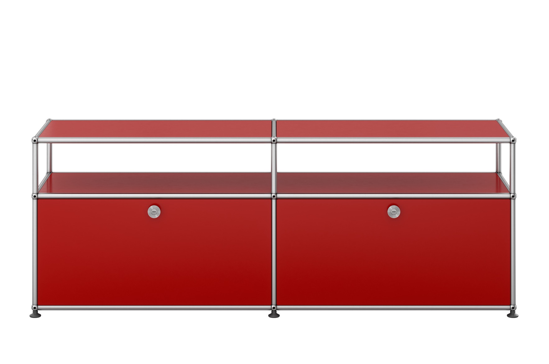 Rotes USM Haller Sideboard mit zwei Schubladen und offenem Fach für TV- und Hi-Fi-Geräte.