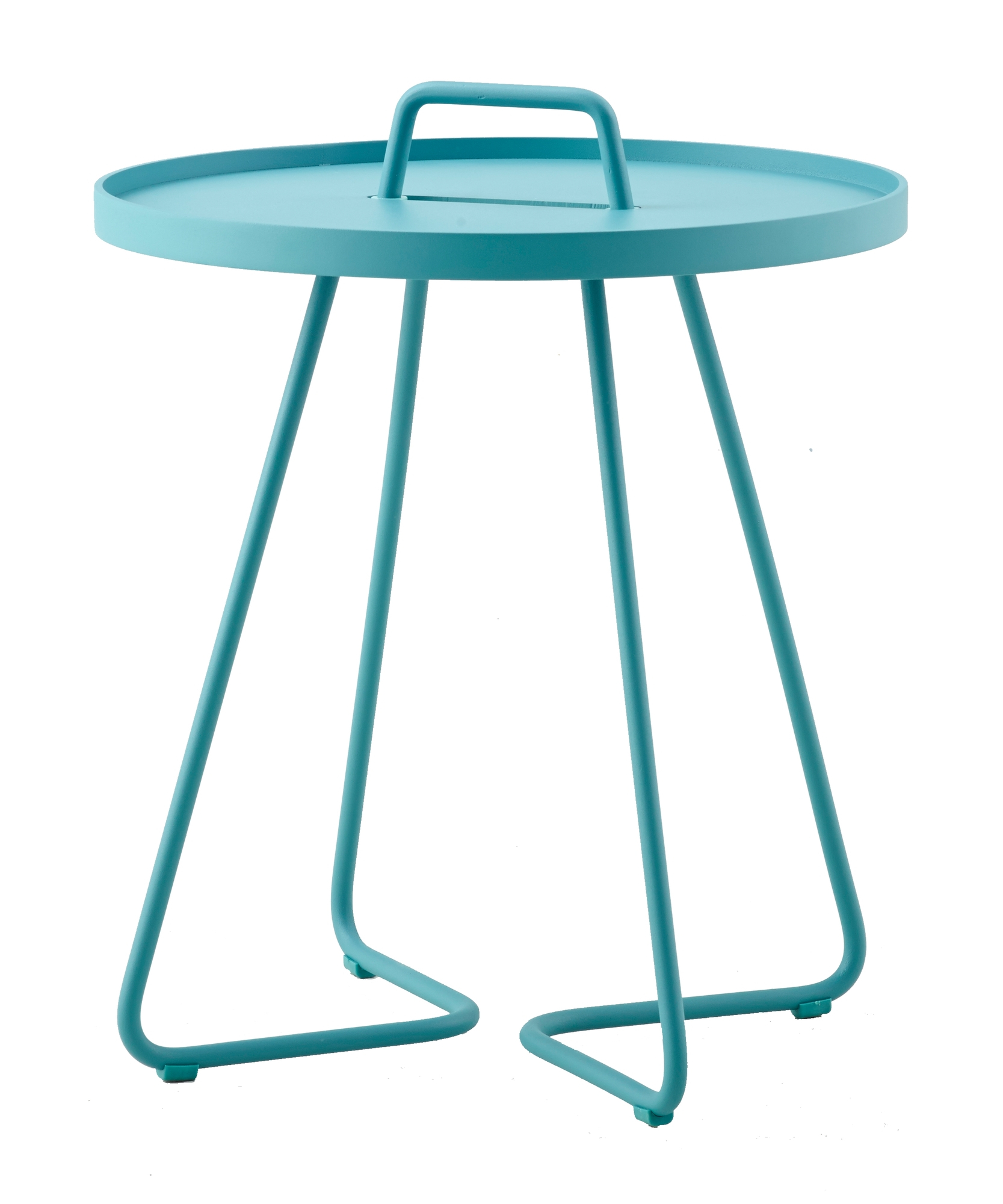 Cane-Line On-The-Move Beistelltisch in Mitternachtsblau: Kleiner, runder Outdoor-Tisch mit Griff und Stahlgestell.