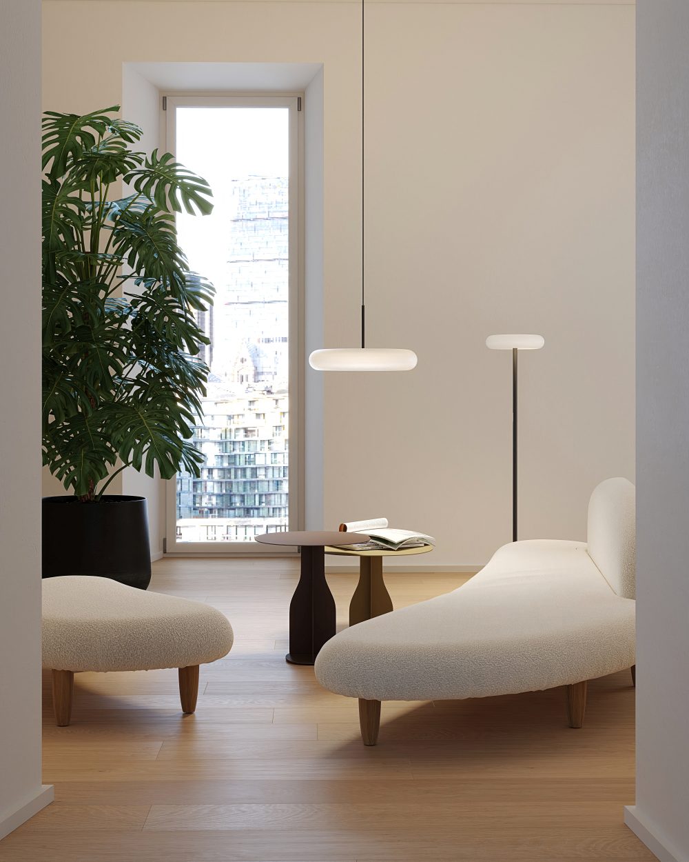 Oto Stehleuchte von Belux in Sandbeige, warmweißes Licht, minimalistisches Design für modernes Wohnambiente.