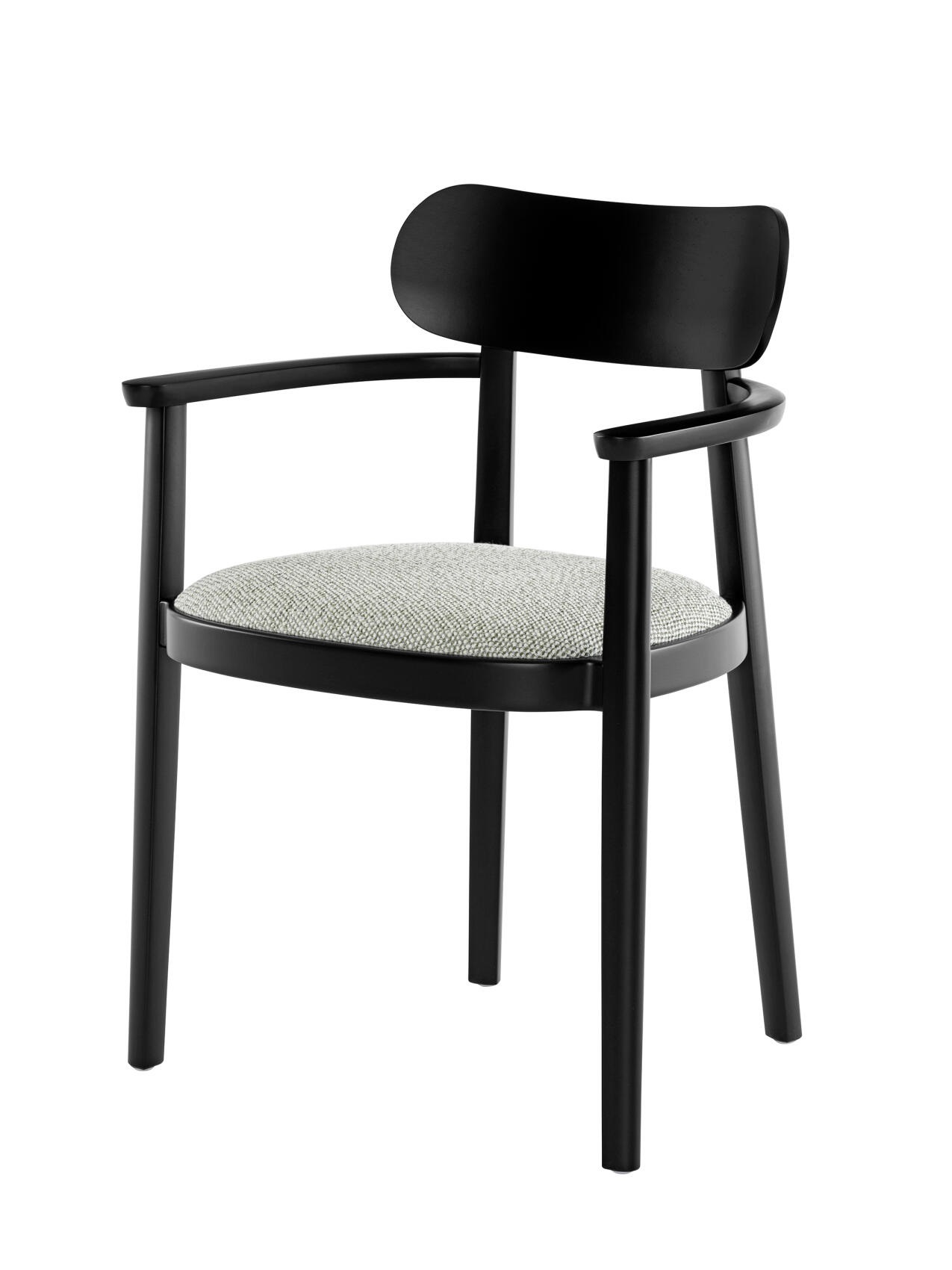 Schwarzer 118 SPFV Holzstuhl von Thonet mit Armlehnen und gepolstertem Sitz.