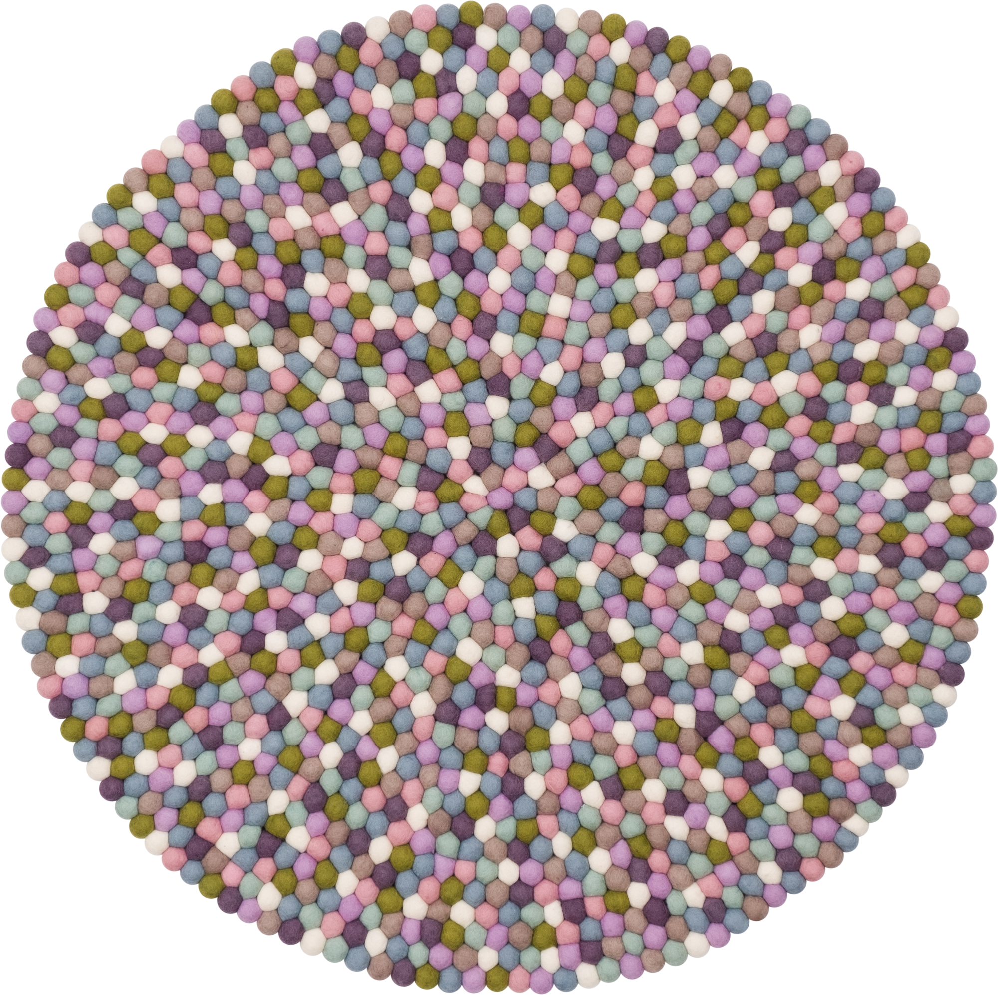 Runder Filzkugel Teppich Myfelt Greta 120 cm, bunte Wollfilz Kugeln in Pastellfarben.
