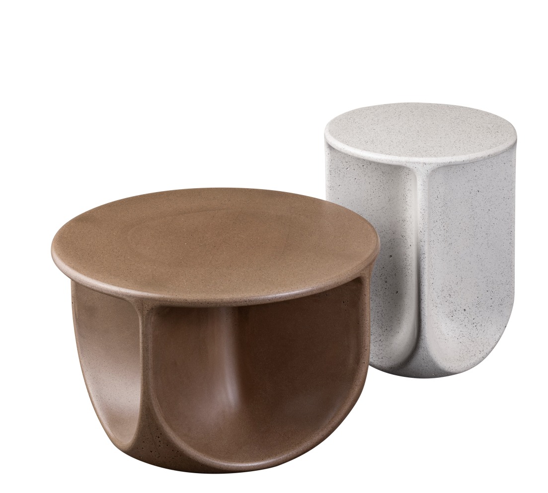 Pinto Couchtisch von Miniforms, Stracciatella und Braun, runde Form, modernes Design für Wohnzimmer.