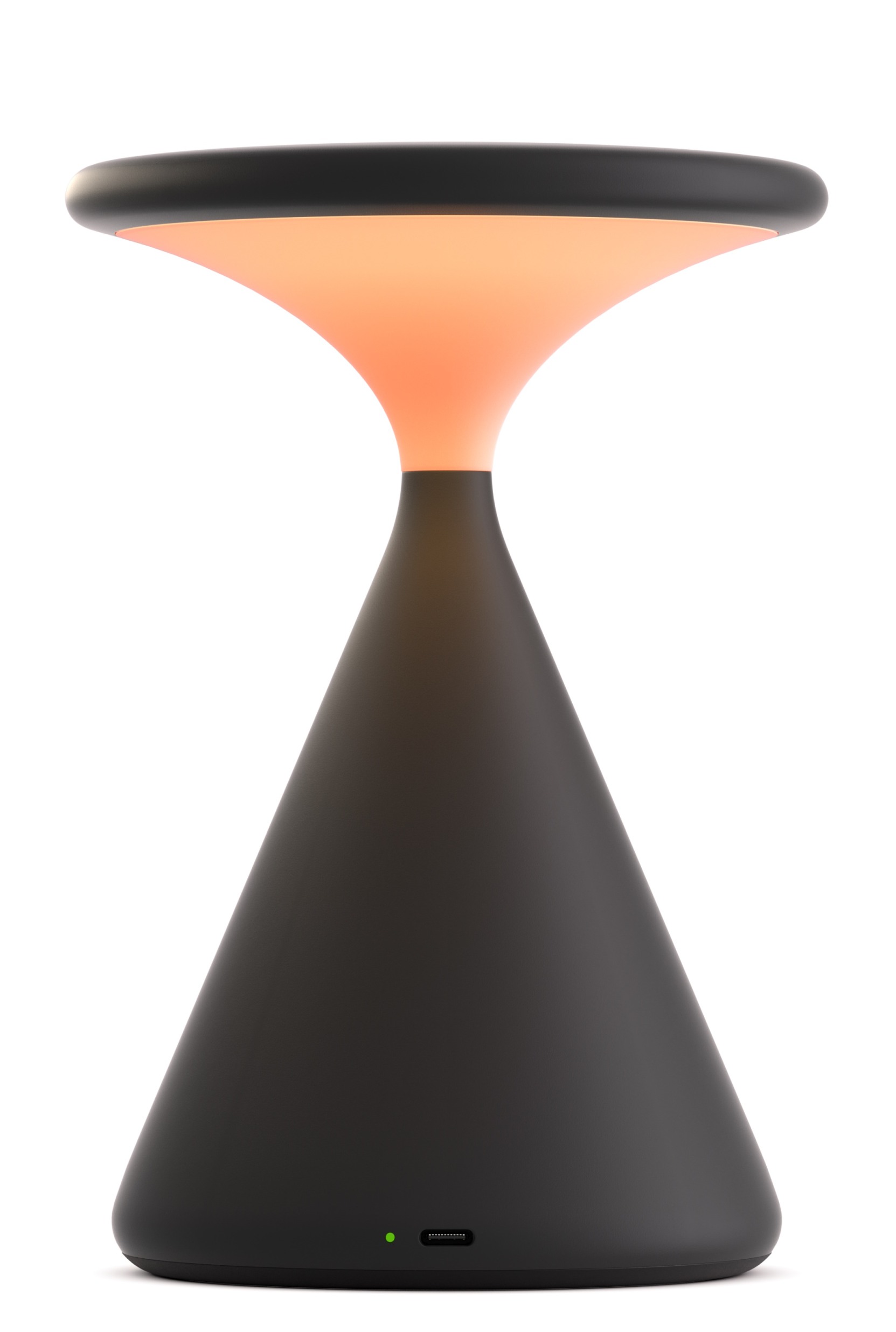 Graue Salt Akkuleuchte als Tischleuchte mit warmem Licht und kegelförmigem Fuß.