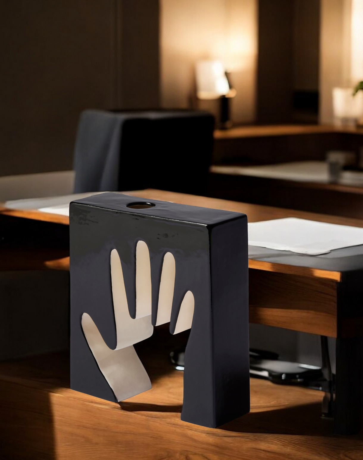 Schwarze Impronta Mano Keramikvase mit Hand-Ausschnitt auf einem Holztisch, moderne Wohnaccessoires und Dekoration.