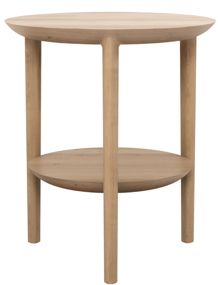 Bok Beistelltisch aus Eiche von Ethnicraft: Runder Holztisch mit Ablagefläche.