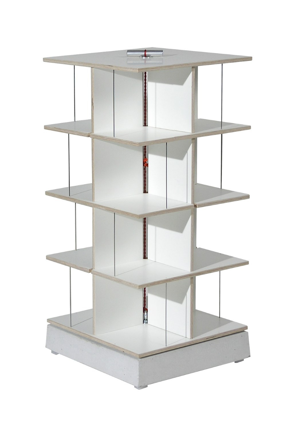 Weißes Moormann Musikstapler CD-Regal aus Holz mit vier Ebenen und Stahlseilen.