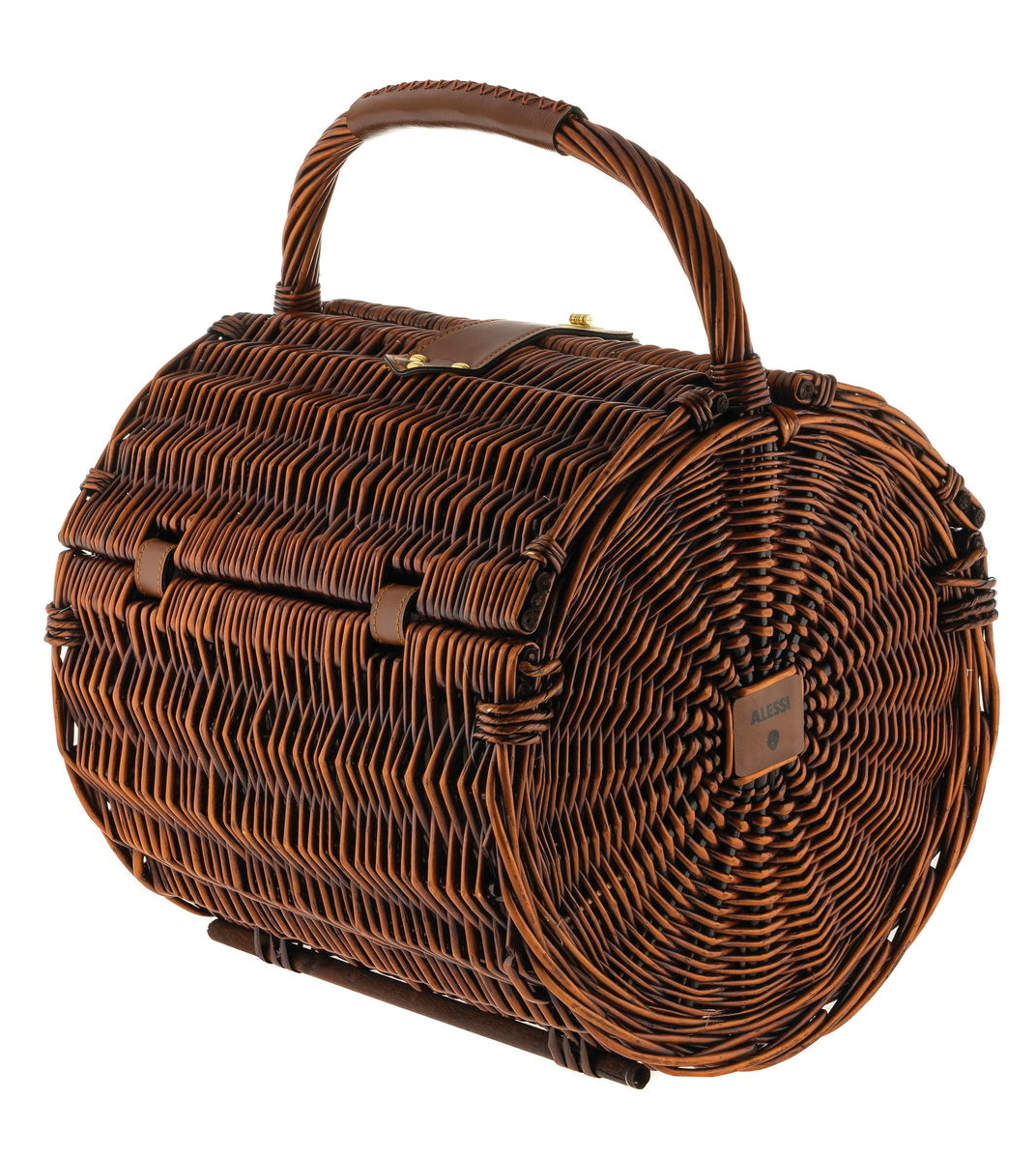 Brauner, runder Alessi Picknickkorb aus Weide mit Tragegriff und Lederdetails.