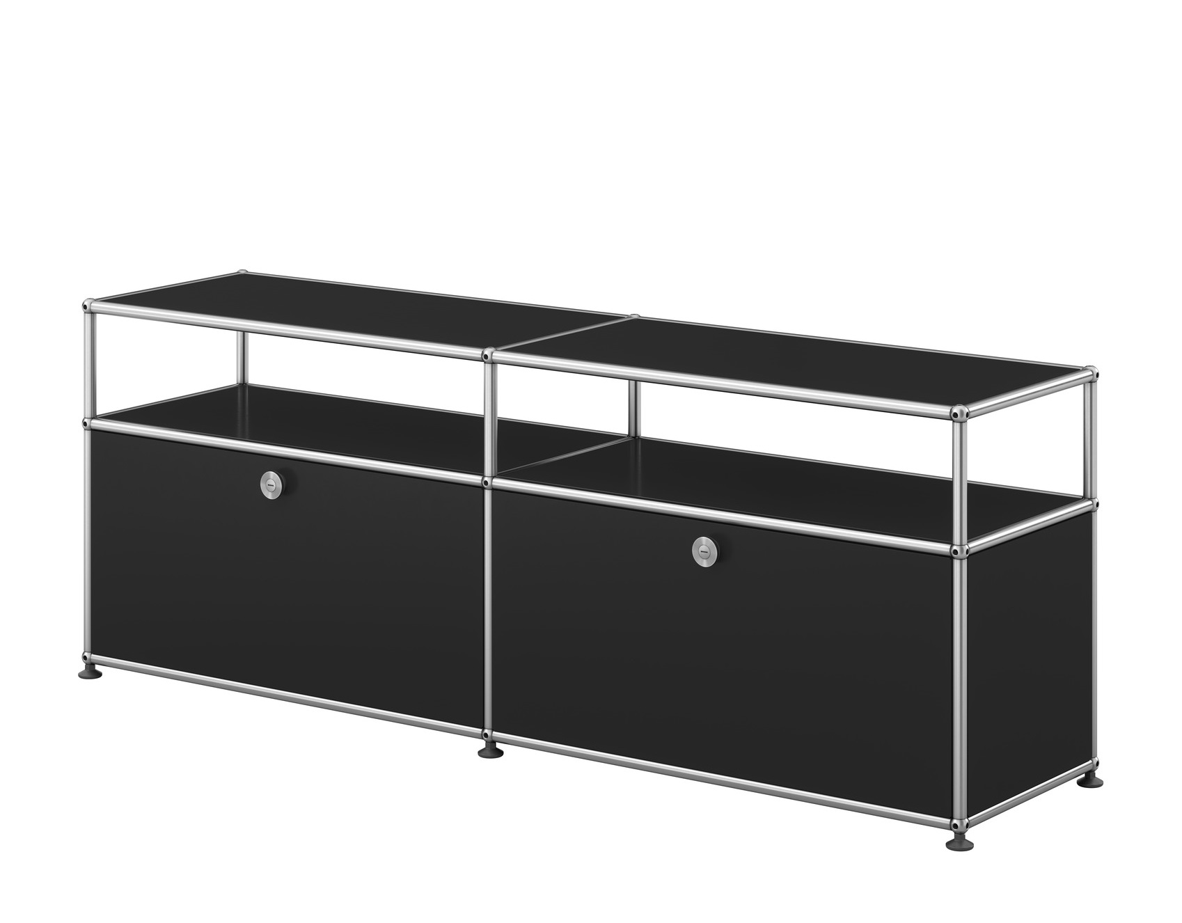 Graphitschwarzes USM Haller Sideboard für TV und Hi-Fi, modernes modulares Möbeldesign mit zwei abschließbaren Fächern.