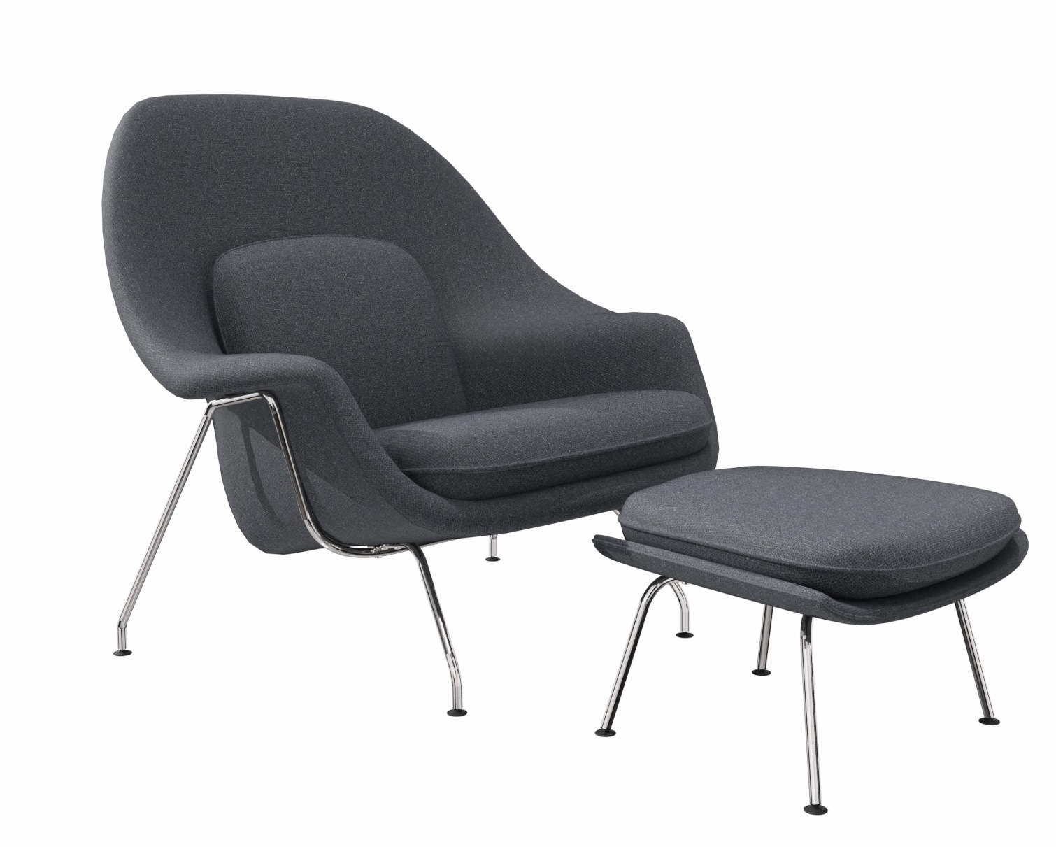 Grauer Womb Sessel mit Hocker von Knoll International, moderner Lounge Sessel mit Chromgestell.