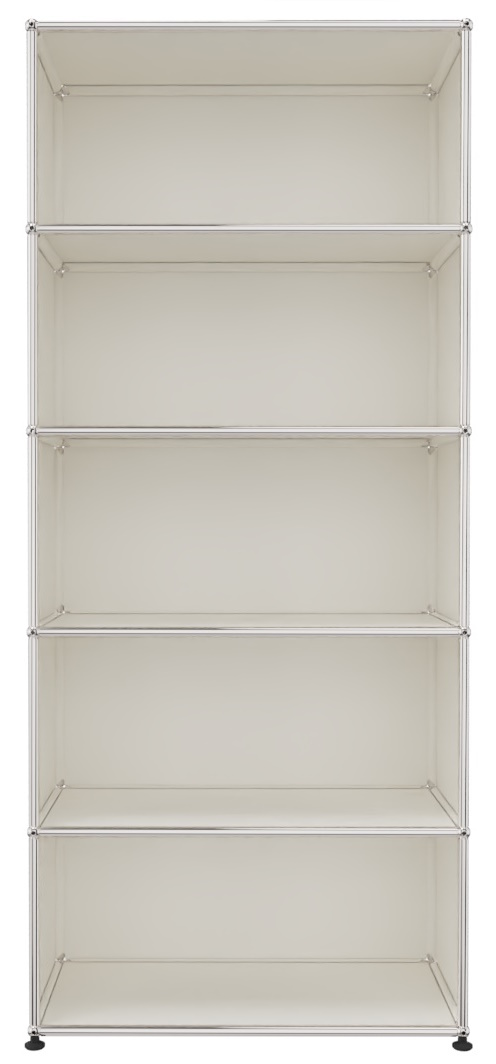 USM Haller Regal in Reinweiß mit fünf offenen Fächern, modernes modulares Design für Wohnen und Büro.