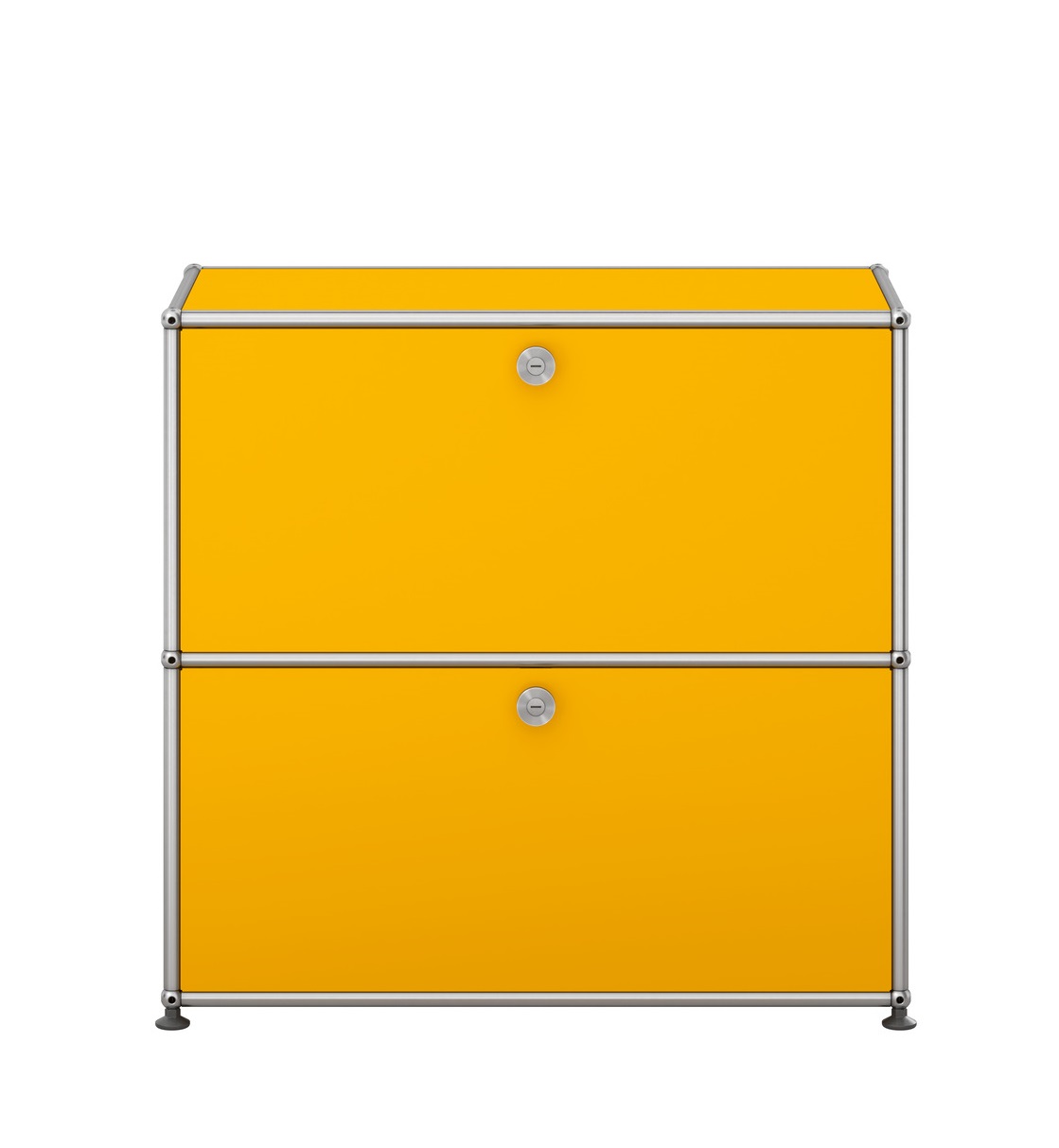 USM Haller Sideboard klein in Goldgelb mit zwei abschließbaren Fächern und Chromgestell.