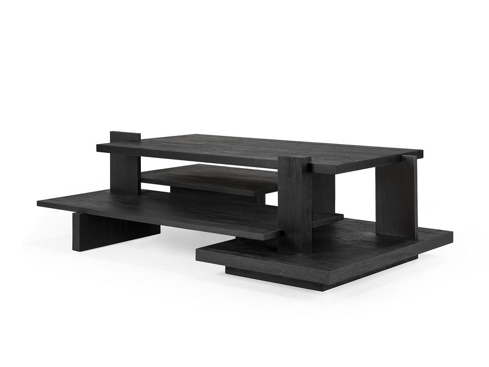 Ethnicraft Teak Abstract Couchtisch in Schwarz, moderner Wohnzimmertisch mit mehreren Ebenen und einzigartigem Design.