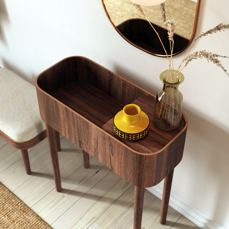 Serena Konsole Table Tisch von novoform, Eiche dunkel gebeizt, mit Deko-Vasen. Konsole für Flur und Wohnzimmer.