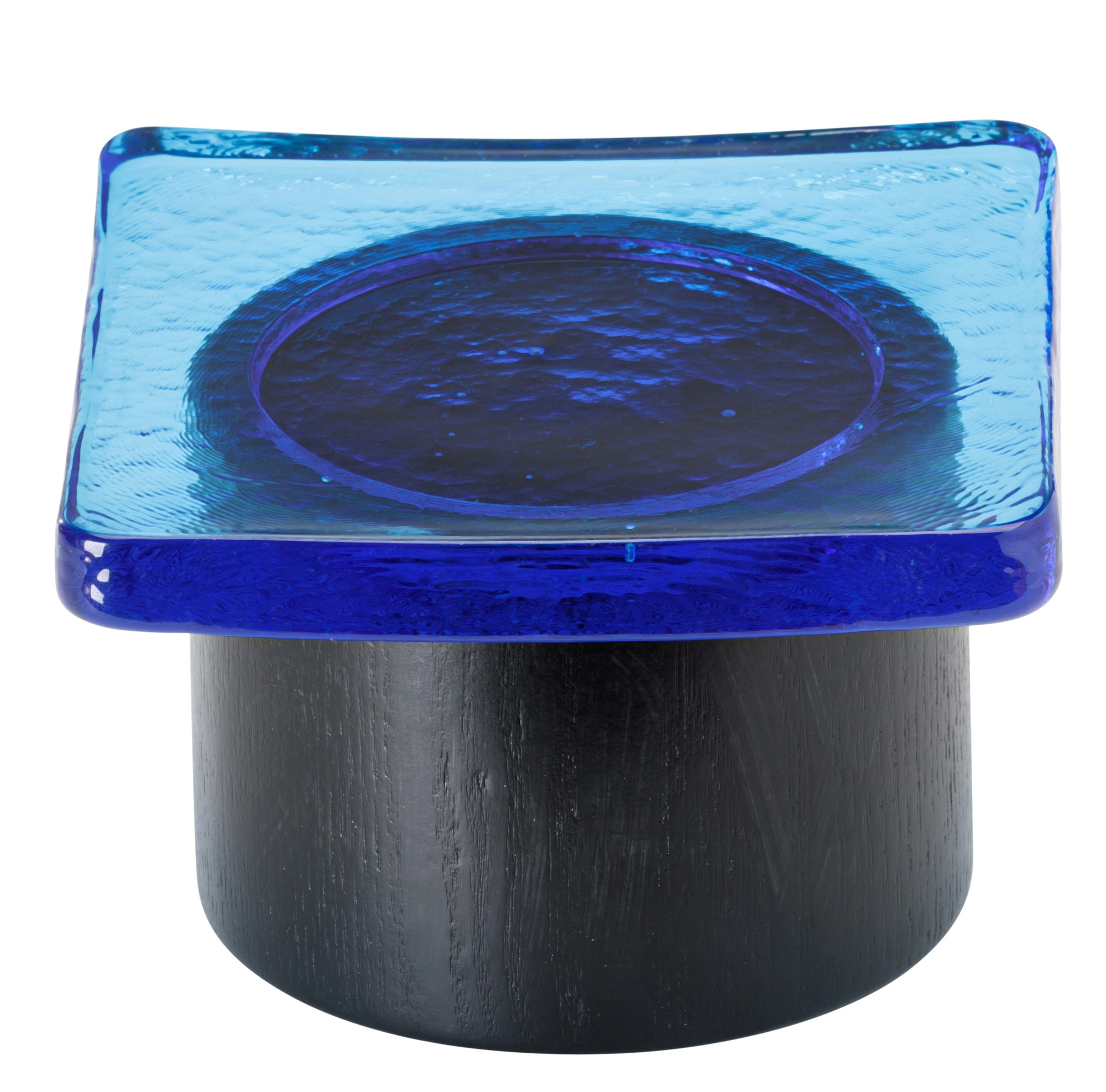 Pieduccio Schale Favius mit saphirblauem Glasdeckel auf schwarzem Holzfuß. Dekorative Glasschale.