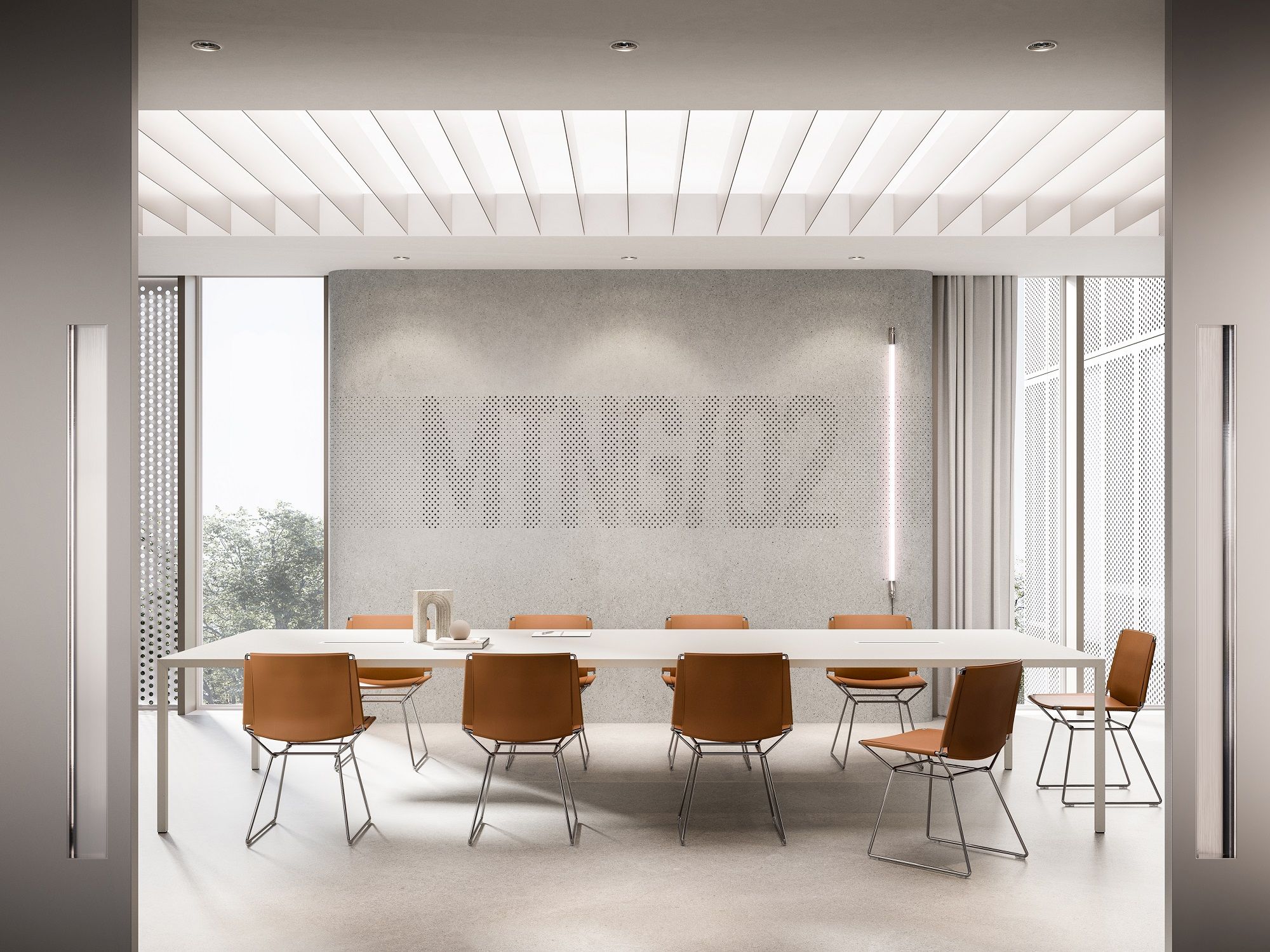 Weißer Tense Esstisch von MDF Italia mit braunen Lederstühlen in einem modernen Konferenzraum.