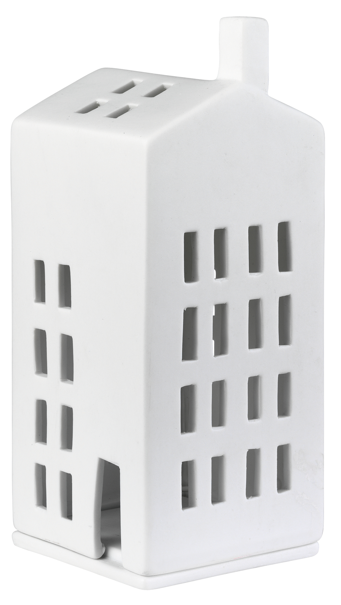 Weißes Zuhause Lichthaus mit kleinen Fensteröffnungen, ein dekoratives Wohnaccessoire für stimmungsvolle Beleuchtung im Innenbereich.