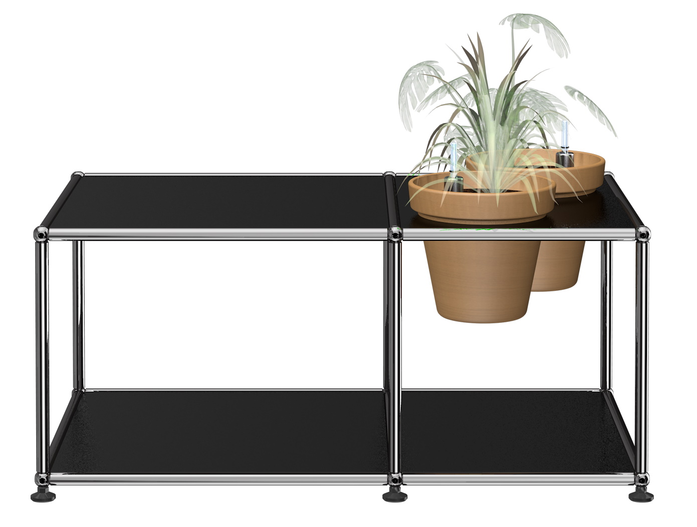Schwarzer USM Haller Beistelltisch mit zwei Ebenen und Pflanzen in Töpfen auf der oberen Ebene.