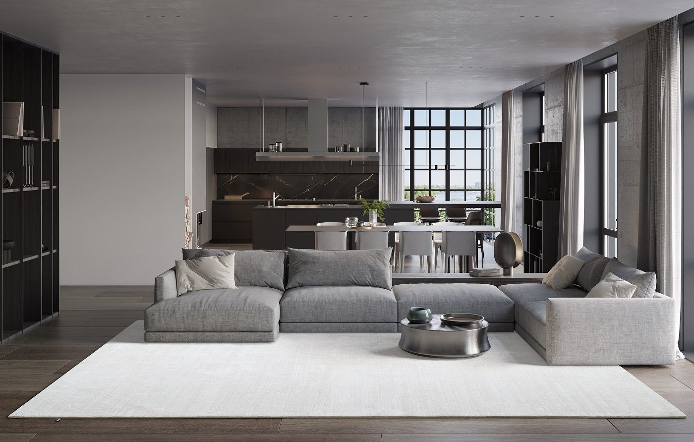 Heller Neolo Pro Teppich im modernen Wohnzimmer, ein QUICKSHIP miinu Teppich für stilvolles Wohnen.