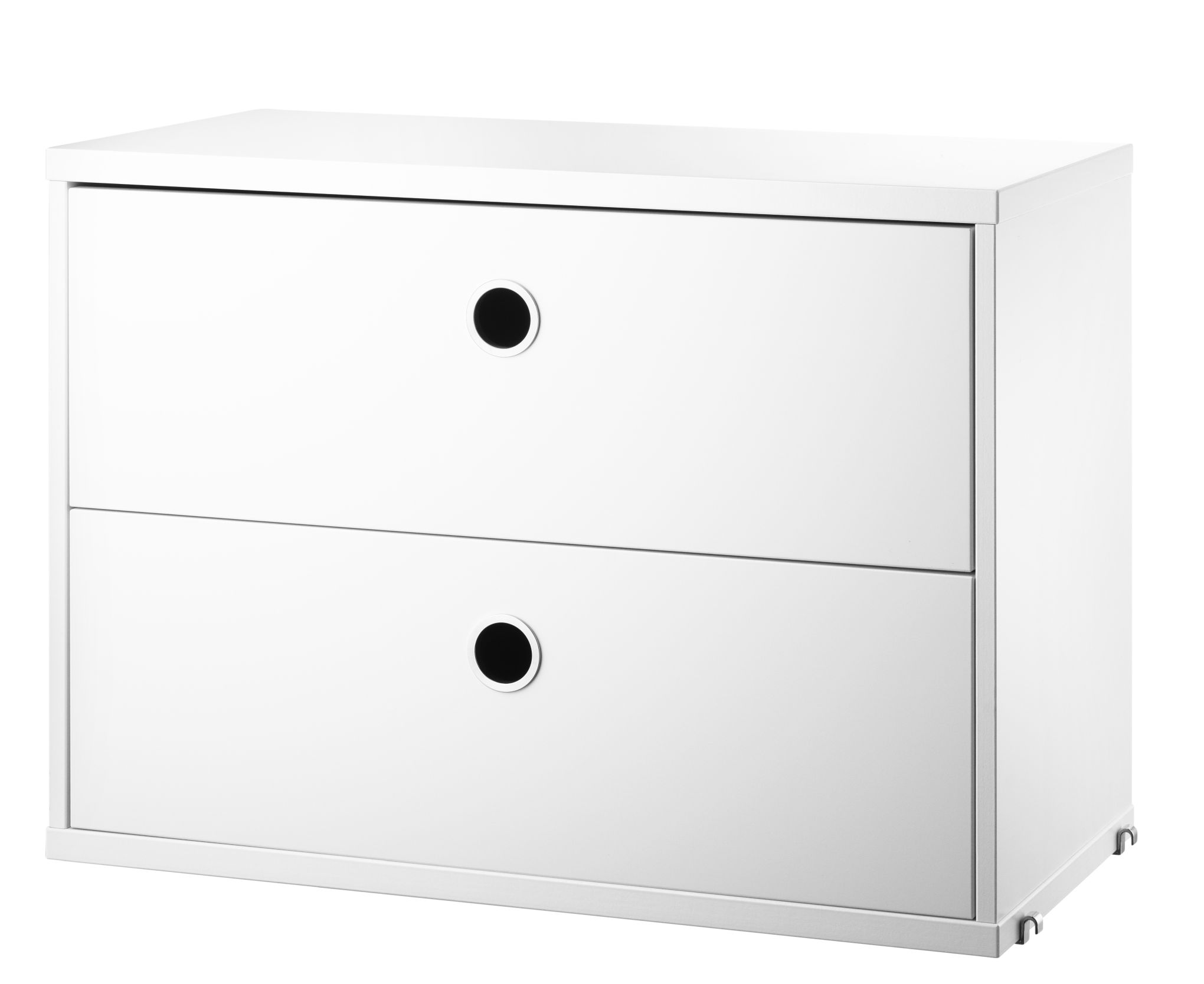 Weißes String Furniture Schubladenelement (B 58 cm) mit zwei Schubladen und runden Griffen.