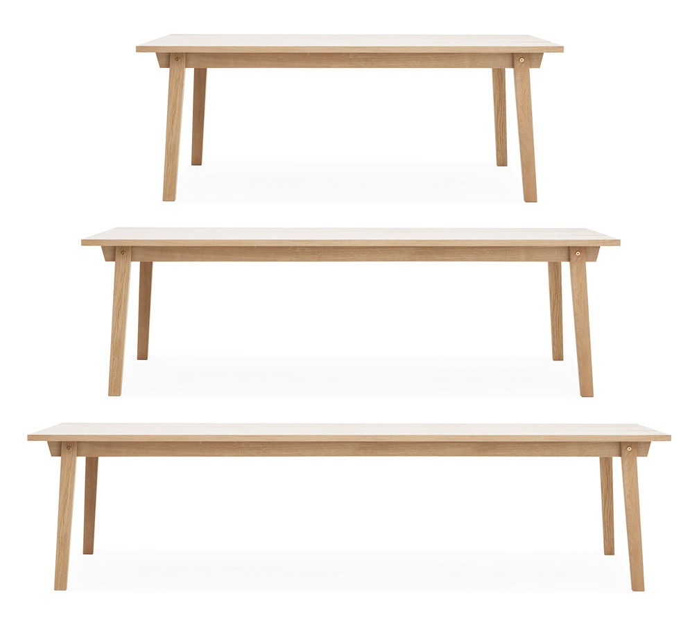 Drei Ansichten des Slice Table von Normann Copenhagen, ein Esstisch aus hellem Holz.