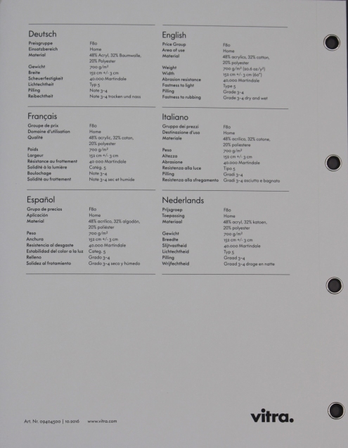 Detailansicht der Vitra Stoffmusterkarte Iroko 2 mit technischen Daten in verschiedenen Sprachen.