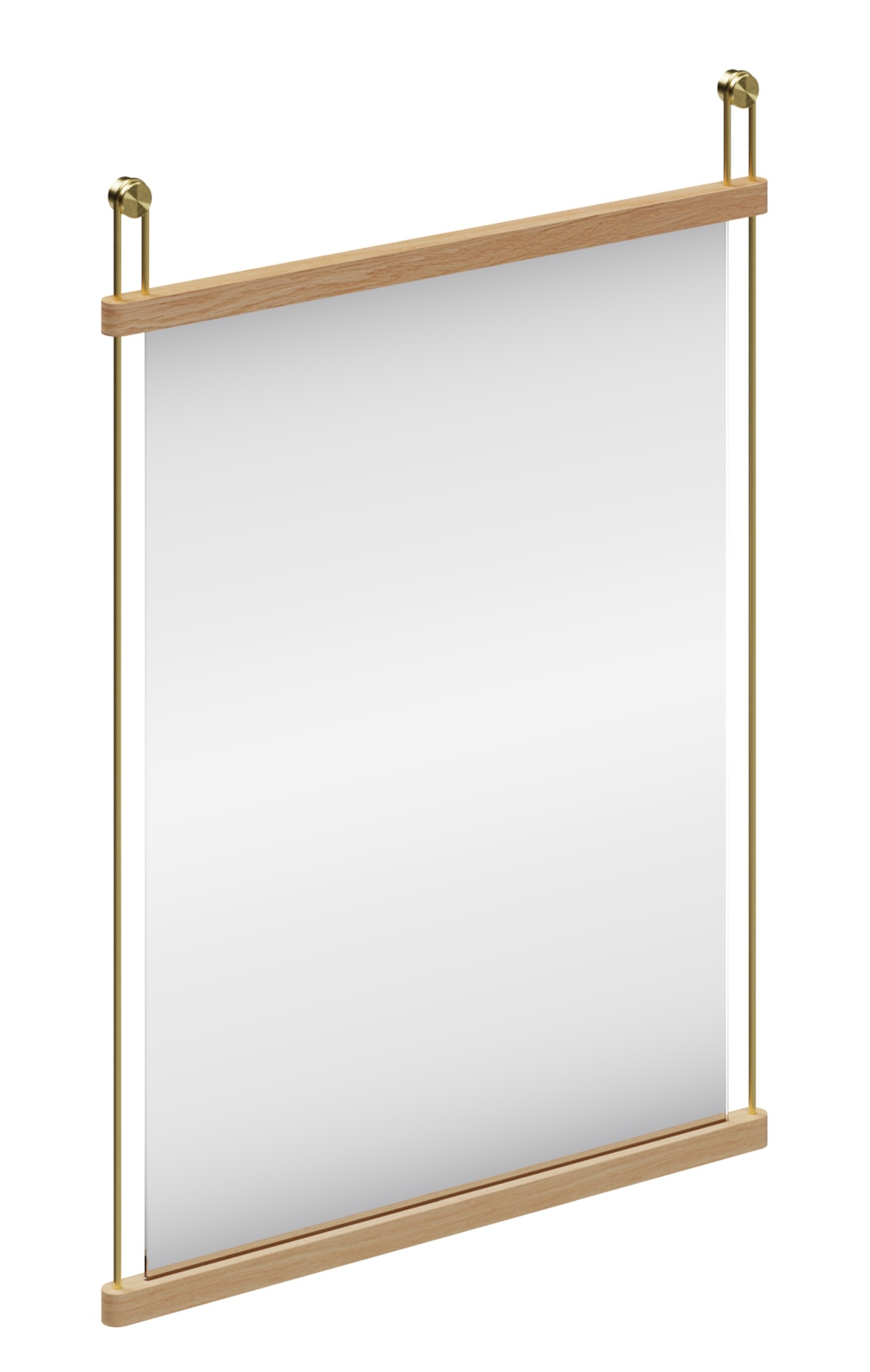 Woud Suspended Mirror Small: Rechteckiger Wandspiegel mit hellem Holzrahmen und goldenen Aufhängungen.