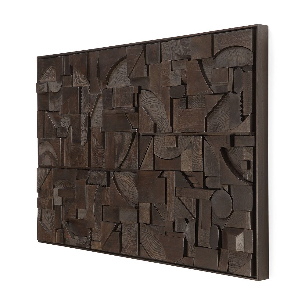 Bricks Wandkunst aus Holz von Ethnicraft: Abstraktes, dunkles Holzrelief mit geometrischen Formen.