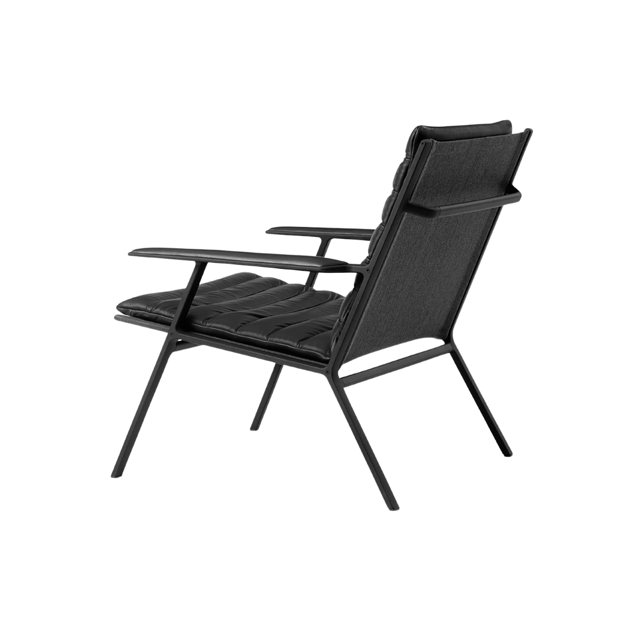 VIPP456 Lounge Stuhl: Schwarzer Sessel mit Lederkissen und Textilrückenlehne, moderne Möbel für Wohnzimmer.