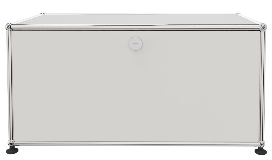 USM Haller Lowboard in Reinweiß mit einer Klappe und verchromtem Gestell, Frontansicht.