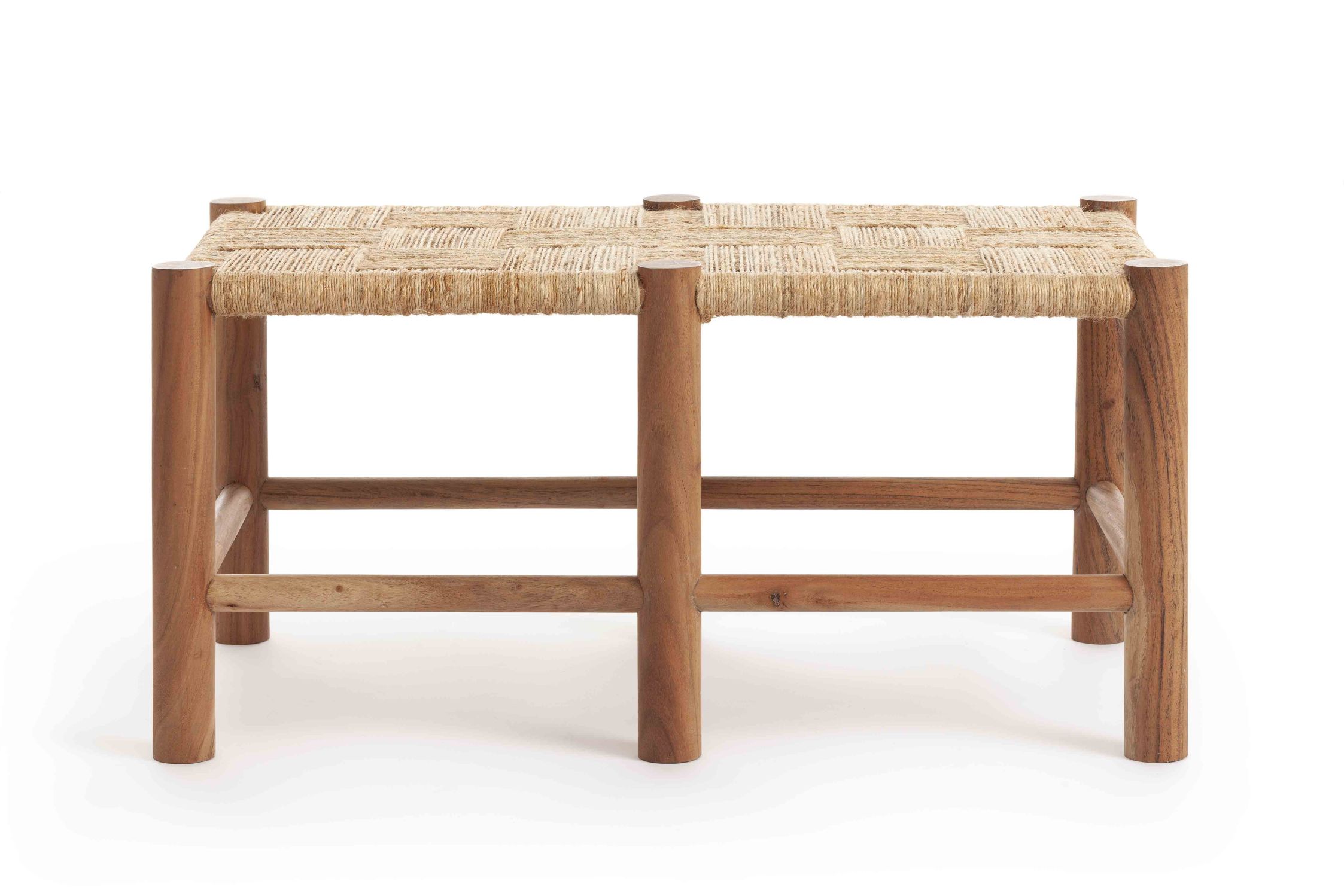 Roots Bank: Hocker aus Holz mit geflochtener Sitzfläche, ideal für Wohnzimmer und Essbereich.