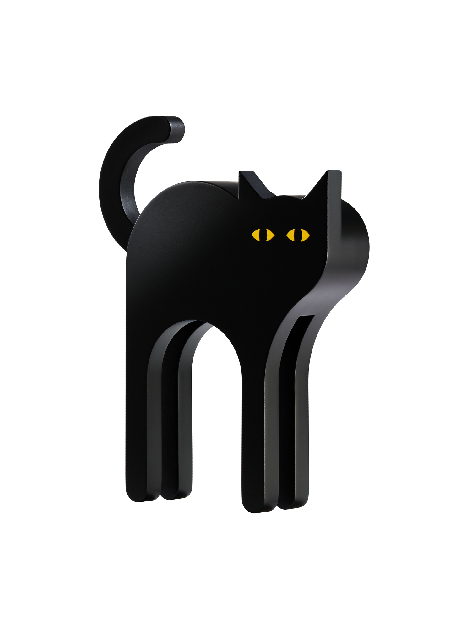 Schwarze Tecta Holzfigur Katze mit gelben Augen, modernes Design für Wohnaccessoires und Dekoration.