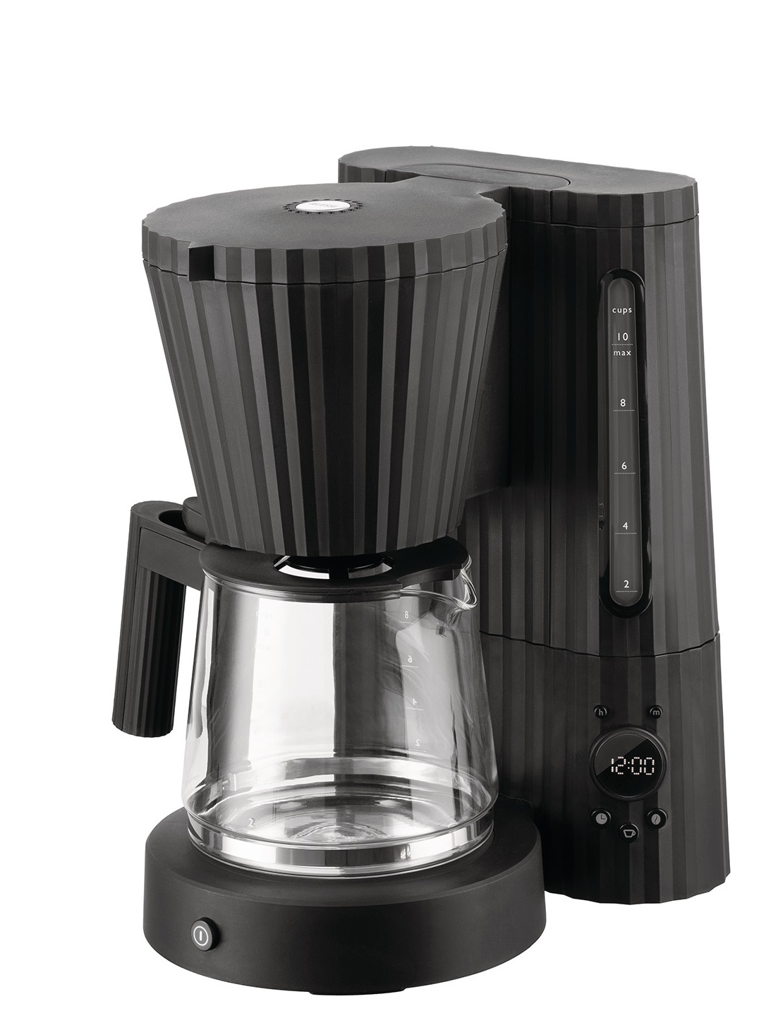 Schwarze Alessi Plissé Filterkaffeemaschine MDL14 mit Glaskanne für bis zu 10 Tassen, modernes Küchendesign.