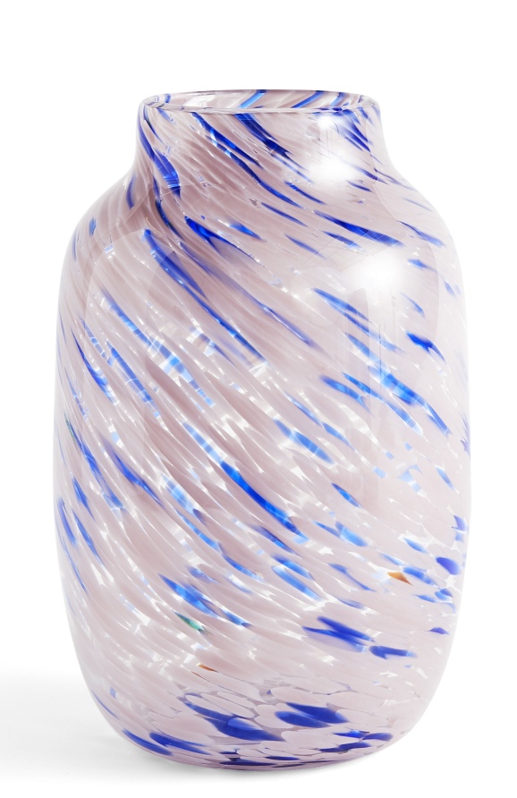 Splash Vase von Hay: Runde, hellrosa Glasvase mit blauen Akzenten. Dekorative Blumenvase.